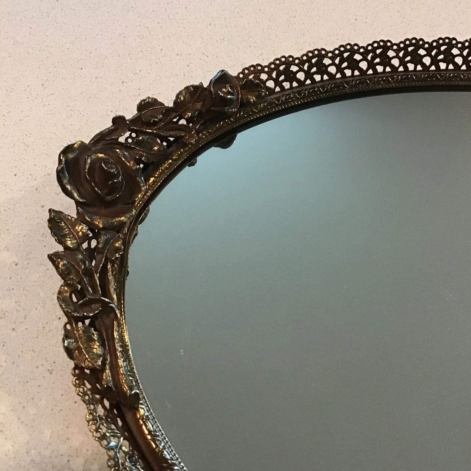 Vintage 1950's Hollywood Regency Gold Tone Rose Vanity Set - 4 Piece Set Oval Mirror Vanity Tray, - 8