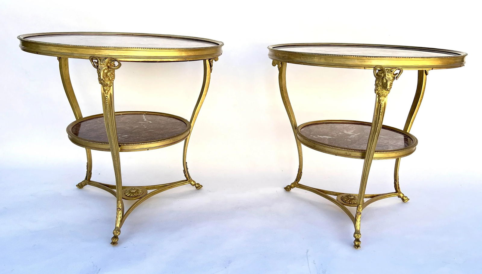 Early 20th Century French Bronze Ormolu Mounting and Rouge Marble Gueridon Table Side Tables- Set of - 2