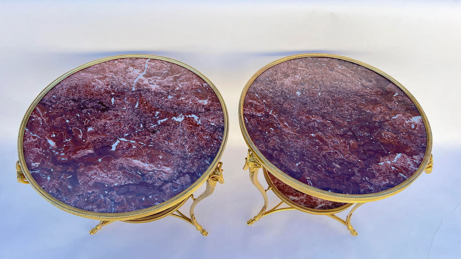 Early 20th Century French Bronze Ormolu Mounting and Rouge Marble Gueridon Table Side Tables- Set of - 7