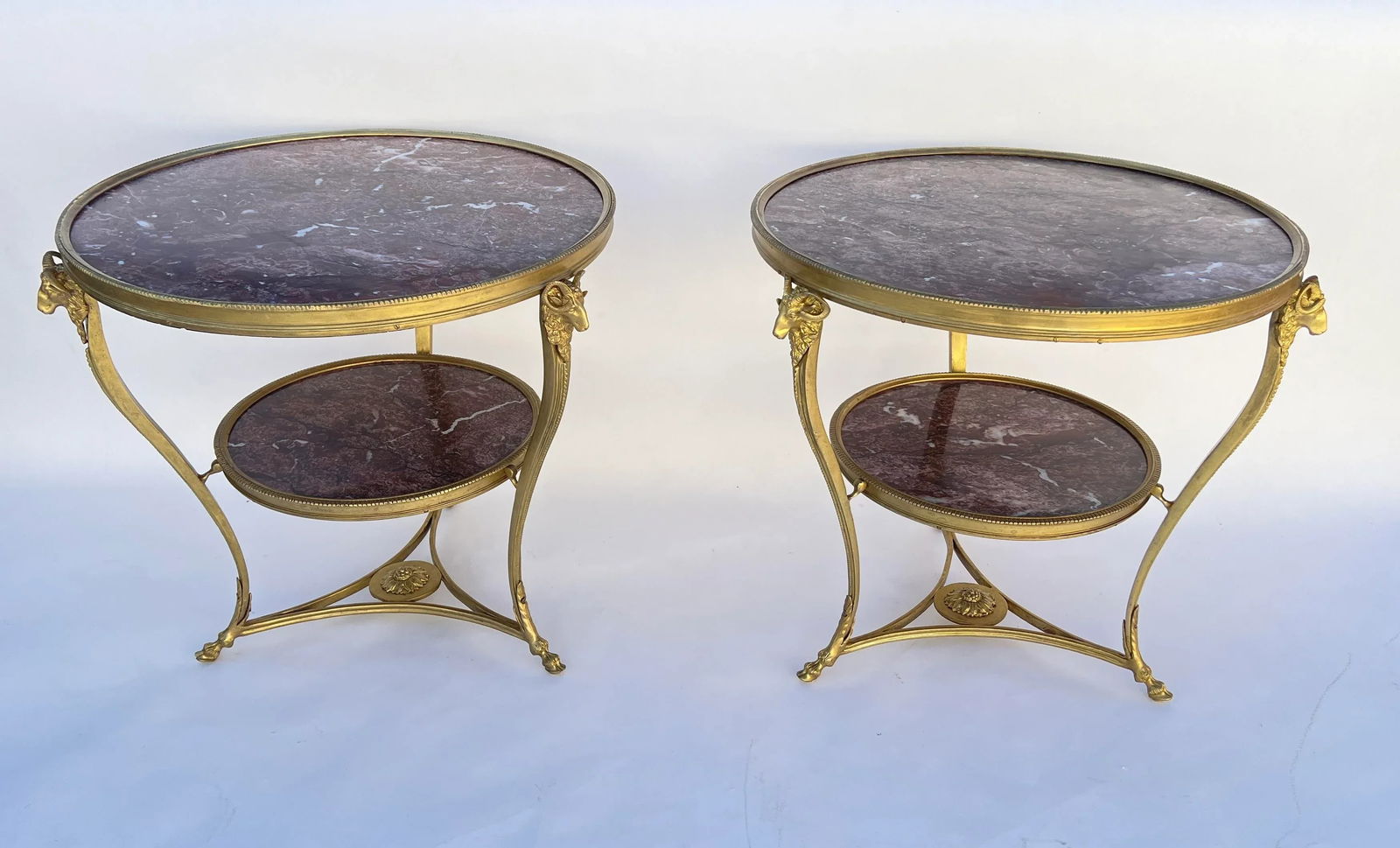 Early 20th Century French Bronze Ormolu Mounting and Rouge Marble Gueridon Table Side Tables- Set of - 9
