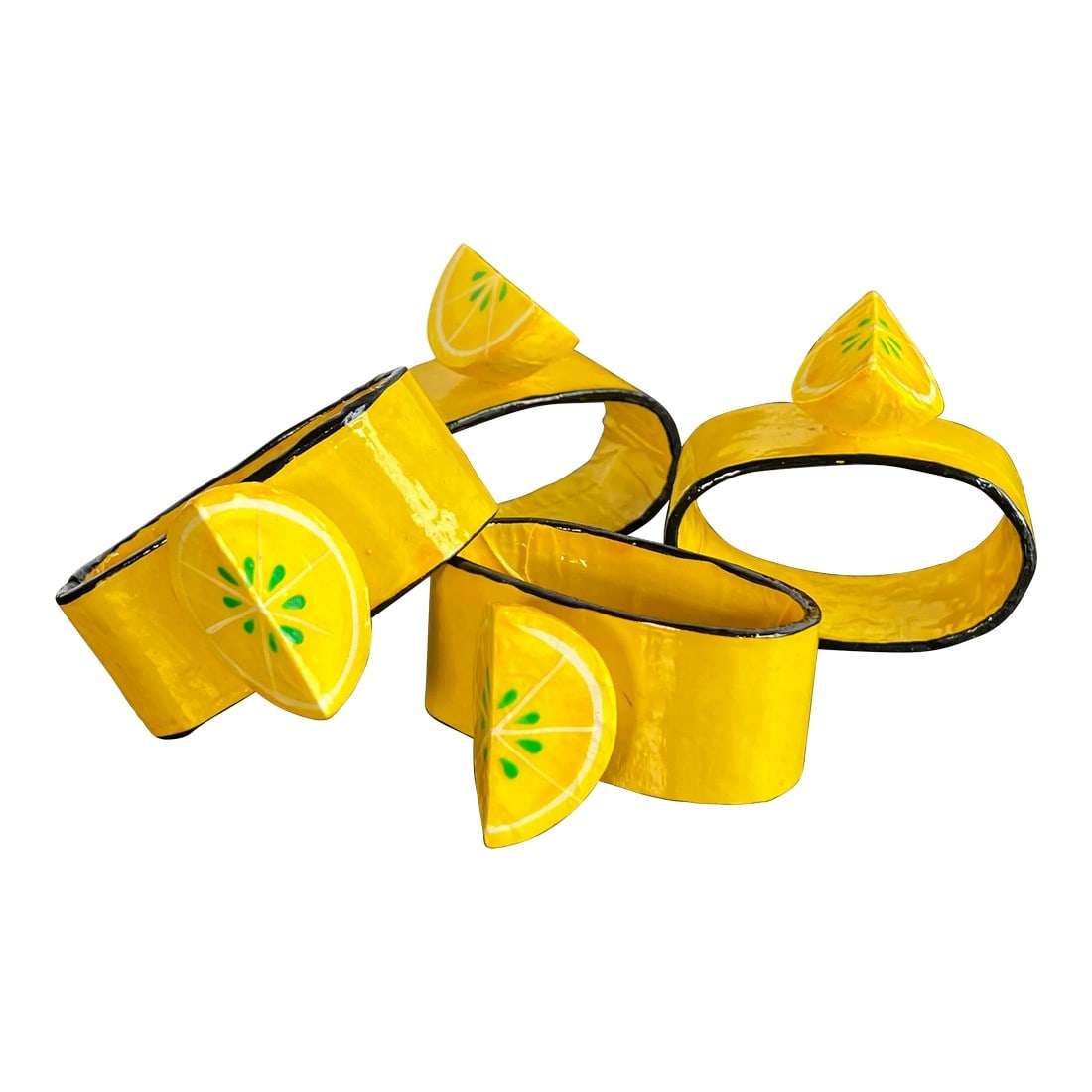 Vintage 1970's Papier Mache Lemon Yellow Napkin Rings - Set of 4: Fabulously fun and whimsical papier mache napkin rings in lemon yellow with small lemon wedges on top! They measure 2 3/4" wide, 1 1/2" deep and 2" tall. Each is in very good vintage condition as
