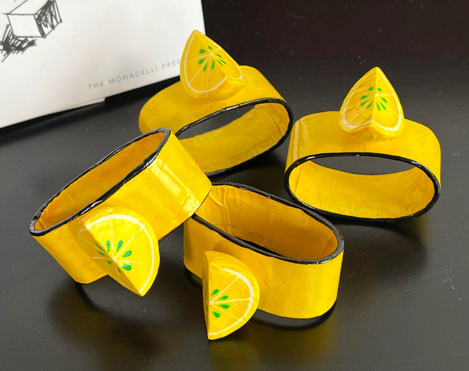 Vintage 1970's Papier Mache Lemon Yellow Napkin Rings - Set of 4 - 4
