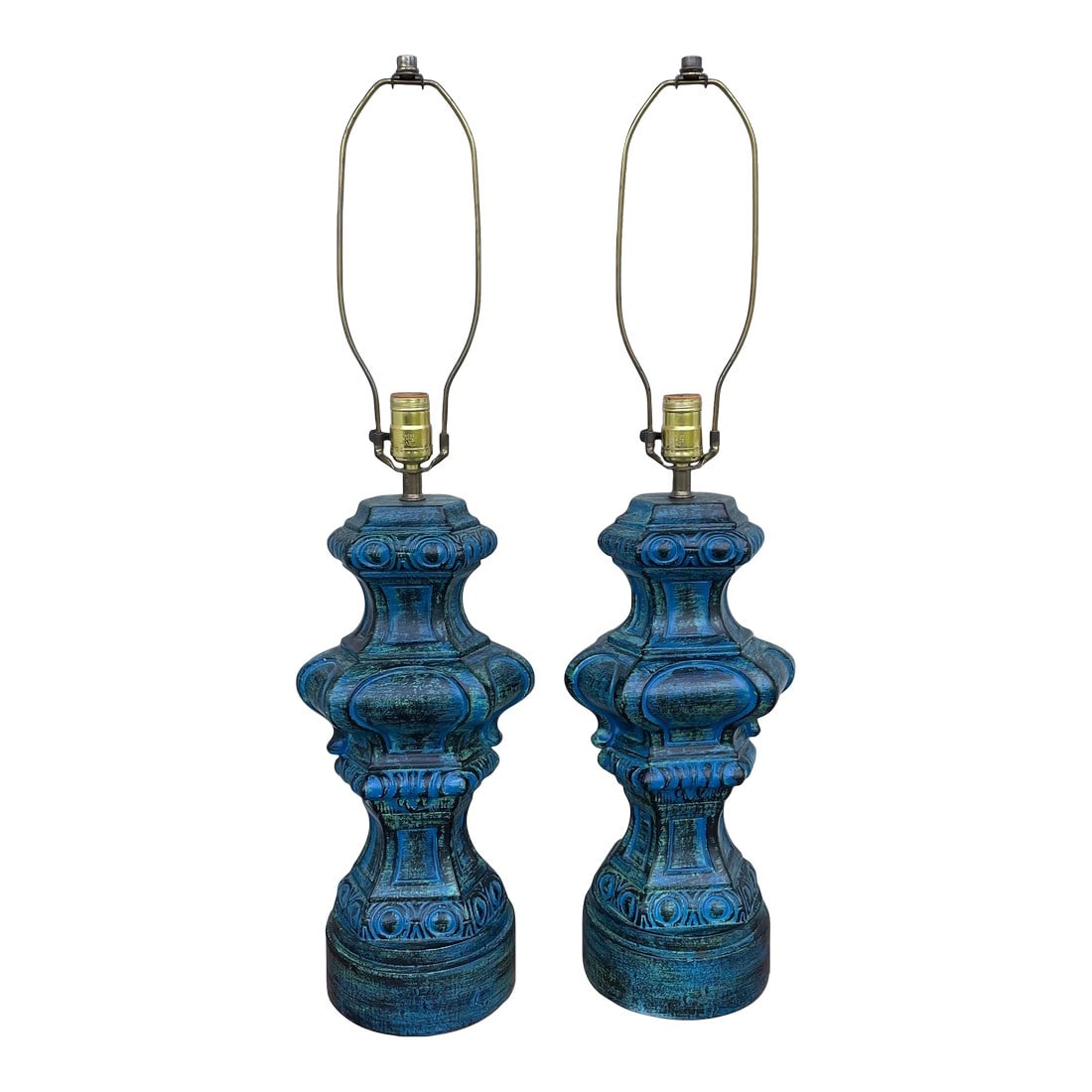 Mid Century Modern Blue and Green Free Form Lamps- a Pair: Pair of lovely blue and green free form-like table lamps in working condition. No chips or cracks on the lamps. The color combination is lovely. No lamp shade comes with the lamps. Original wiring is