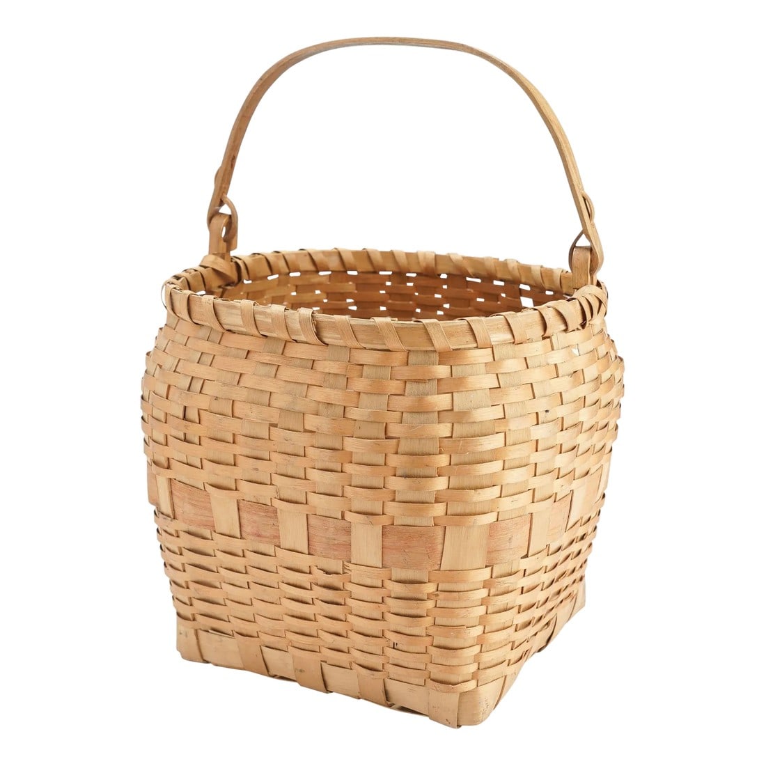 Native American Ash Basket With Carved Handle, 1880-1910: 19th century Native American hand woven square based ash basket with a hand carved clothes pin hinged loop handle. The upper rim of the basket is captured by a round double ash spline lashed with