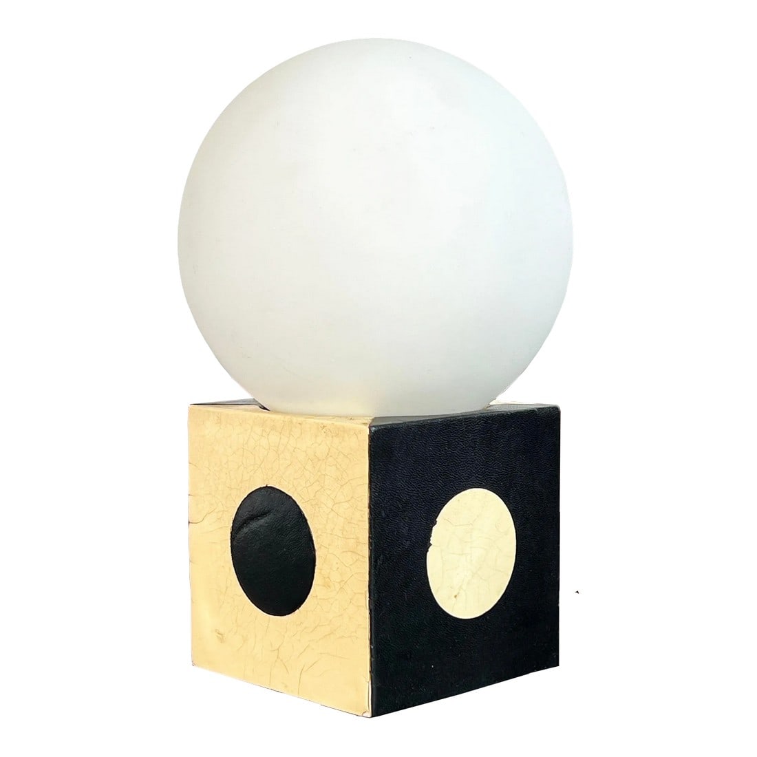 Vintage C.1950's Italian Black & White Leather Table Lamp: Beautiful vintage c.1950's/60's Italian black & white leather table lamp with a frosted glass globe! This is a great lamp, with a wonderful styling to it and a great glow when lit. It measures 9