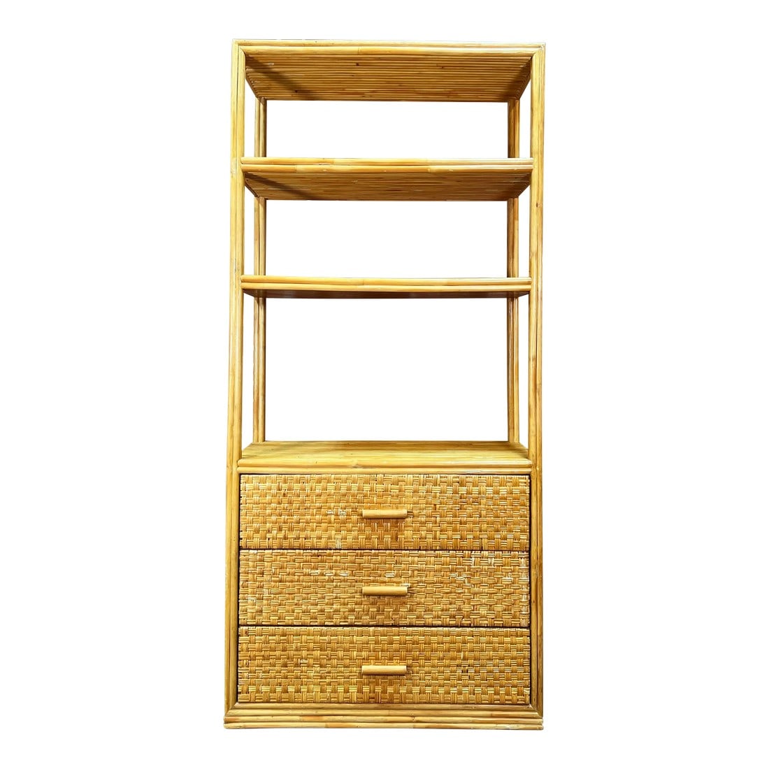 Vintage BoHo Bamboo & Rattan 3 Drawer Etagere Bookcase: Exceptional vintage c.1970's bamboo & rattan etagere bookcase! This piece has loads of style and is very sturdily built as well, can easily handle quite a bit of weight in books or decor. The unit