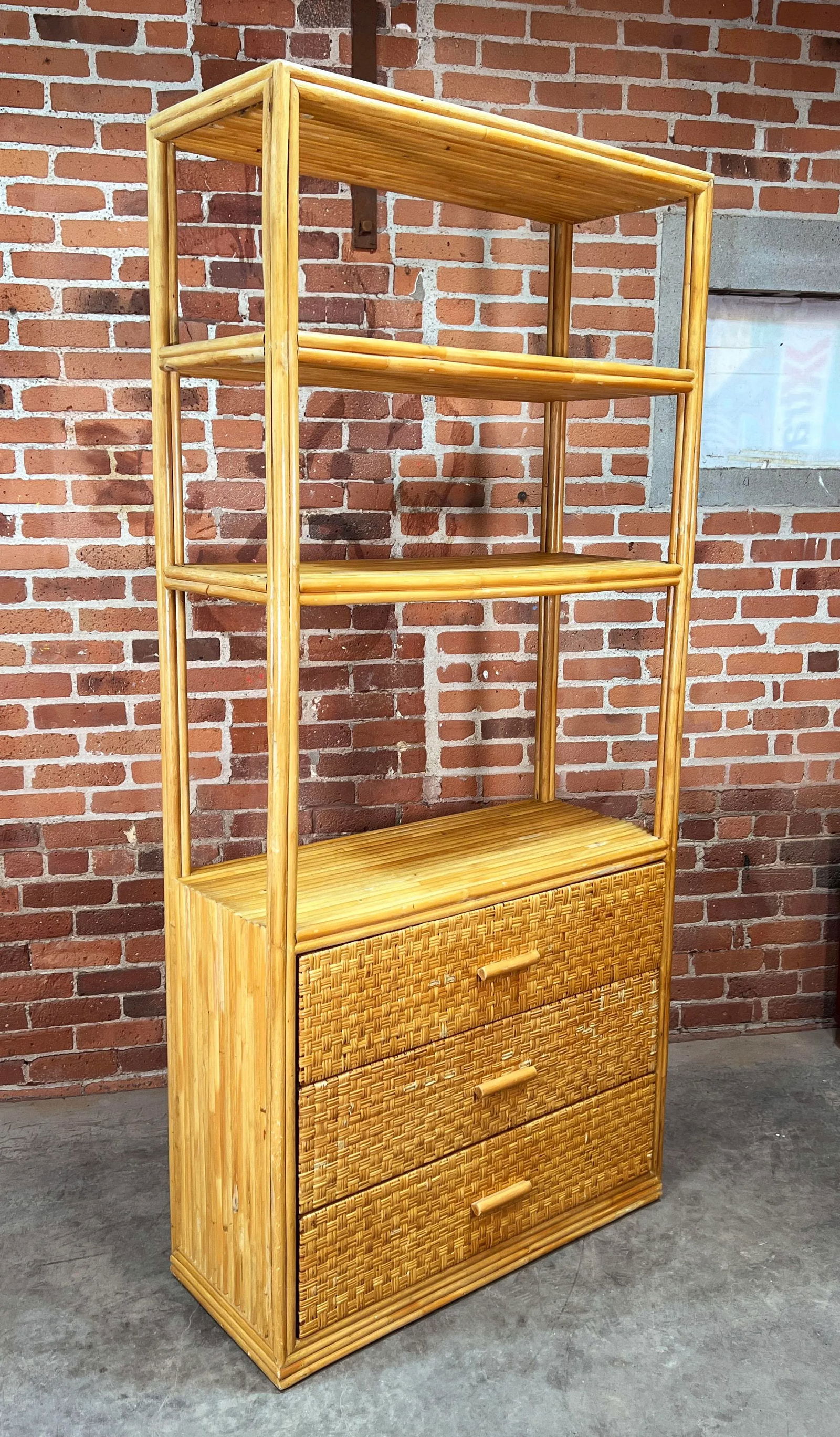 Vintage BoHo Bamboo & Rattan 3 Drawer Etagere Bookcase - 2