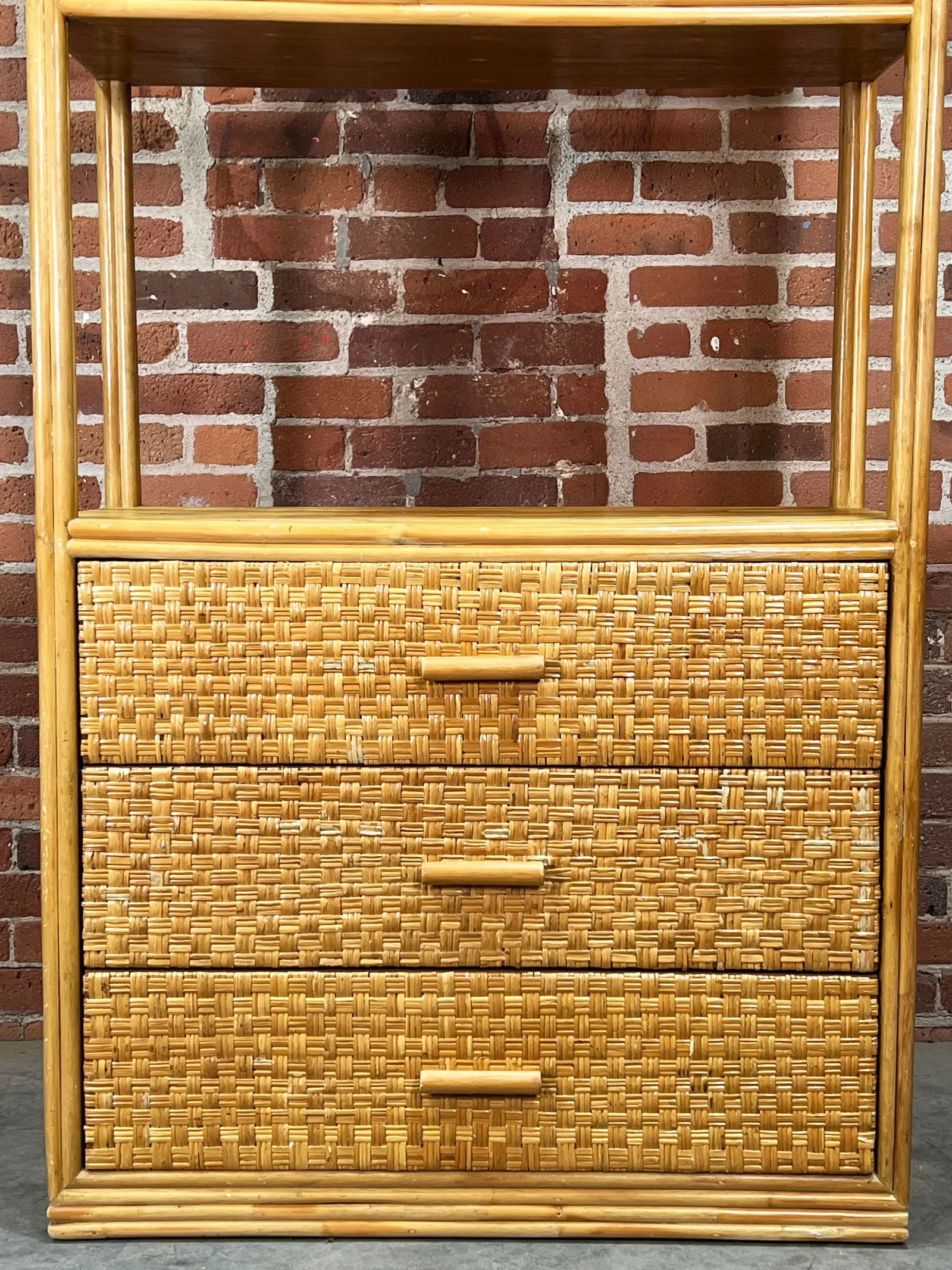 Vintage BoHo Bamboo & Rattan 3 Drawer Etagere Bookcase - 3