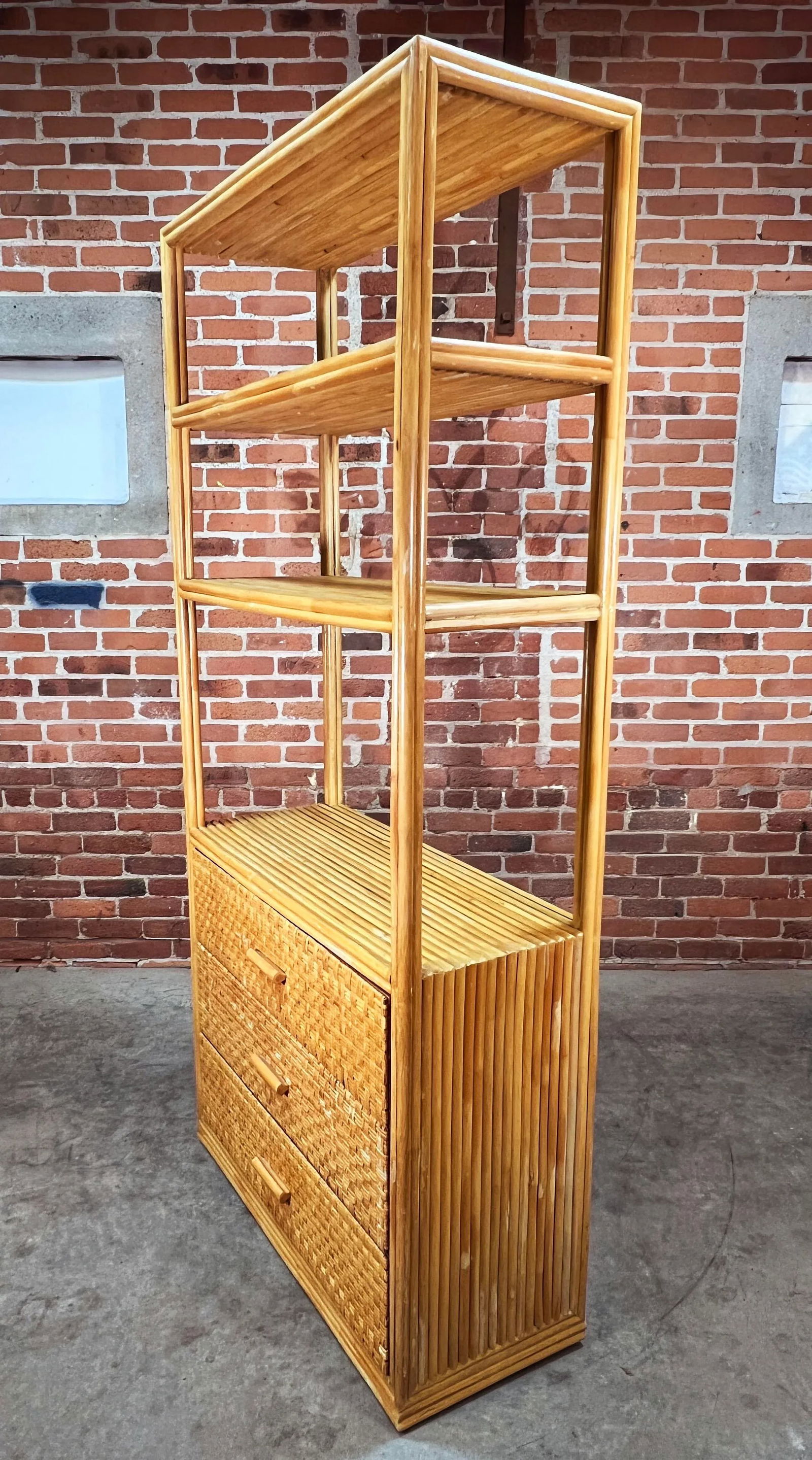 Vintage BoHo Bamboo & Rattan 3 Drawer Etagere Bookcase - 4