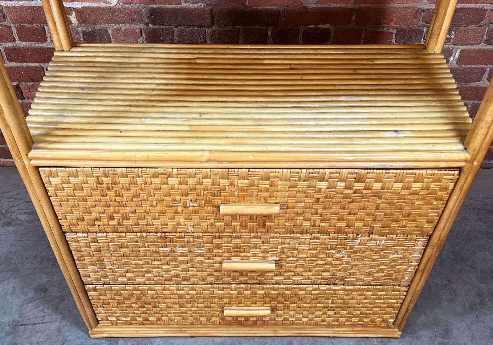 Vintage BoHo Bamboo & Rattan 3 Drawer Etagere Bookcase - 7