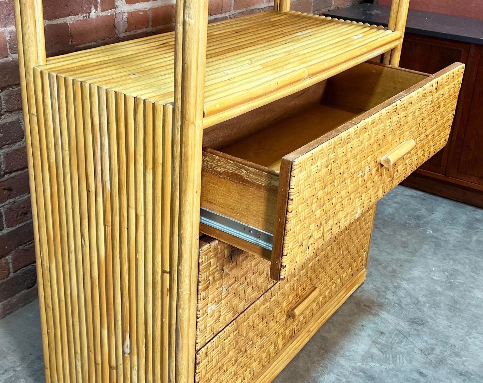 Vintage BoHo Bamboo & Rattan 3 Drawer Etagere Bookcase - 9