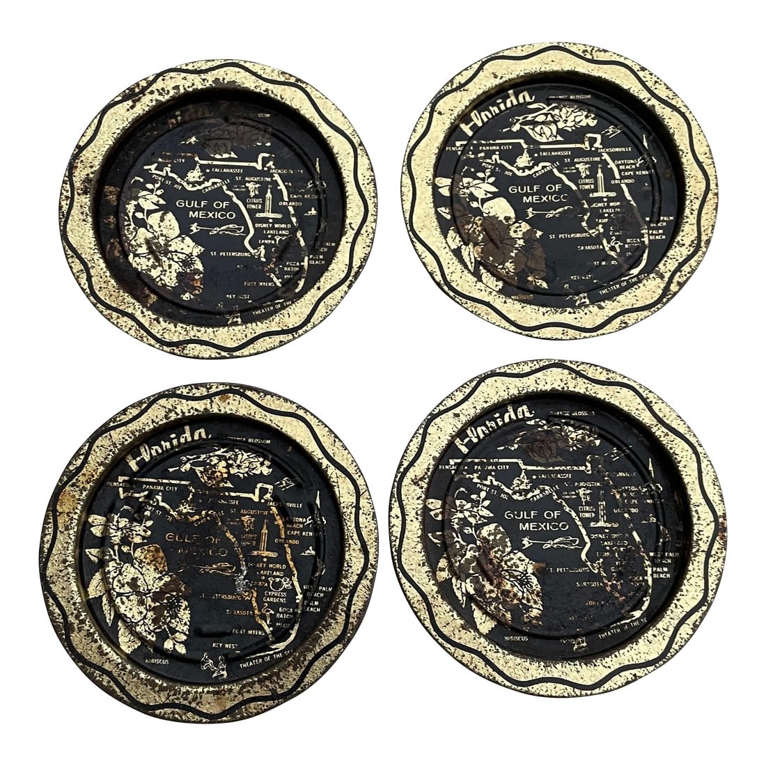 Vintage Mid Century Modern Metal State Coasters- Set of 4: Metal coasters of a map of a Colorado. Vintage set of four. The interior diameter is 2.75 Condition: Alterations: Original Condition Unaltered Imperfections: Some Imperfections Condition Notes: In