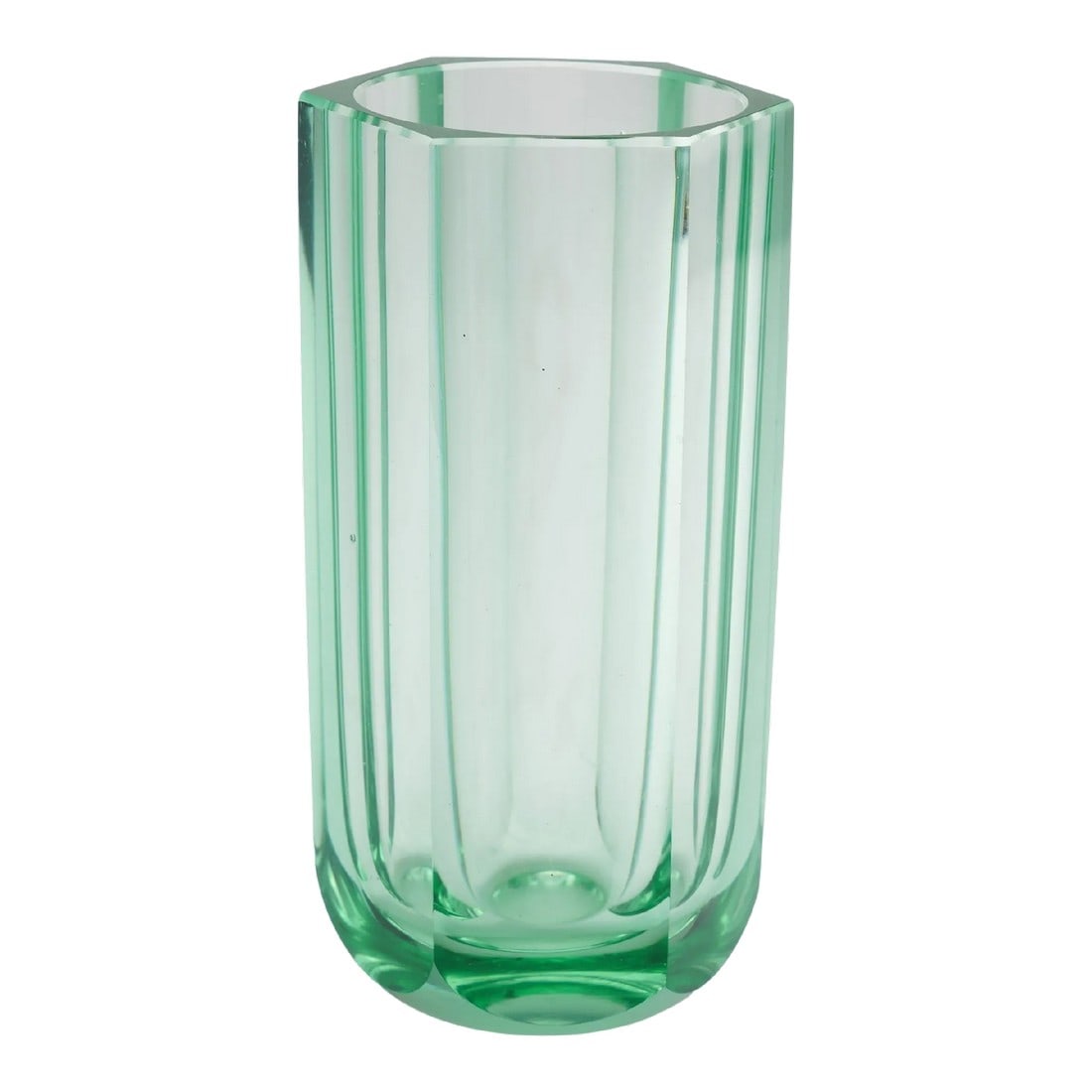 Hexagonal Pane Cut Acid Green Art Glass Vase, C. 1950-70: Hexagonal panel cut blown glass vase in translucent acid green. The foot of the vase is undercut at the base of each panel and has a ground and polished pontil. Unsigned. Czech or Finnish, 1950-70. 