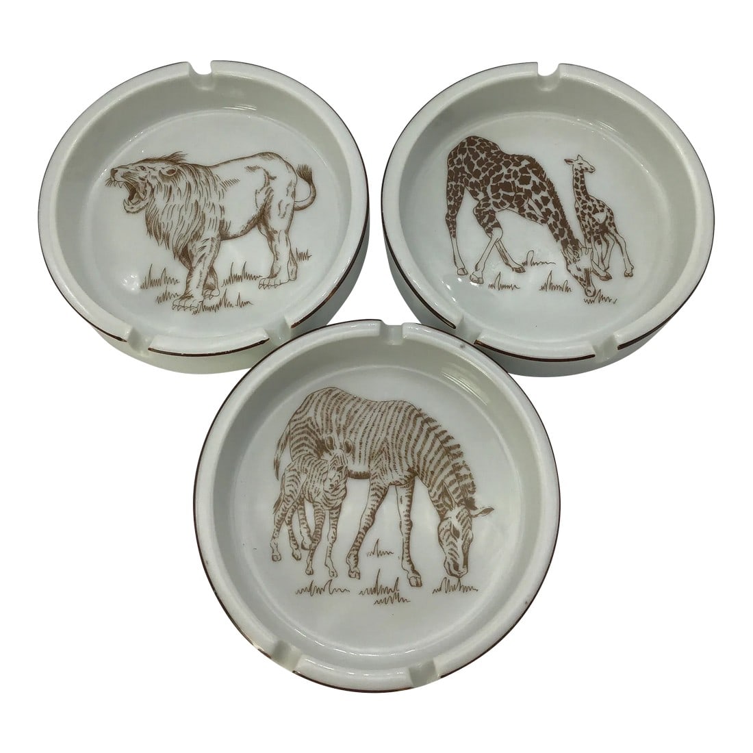 Wild Habitat Vintage Ashtrays Set of 3 Exclusive Design by the Shafford Co Lion, Zebra, Giraffe Stac: Wild Habitat Vintage Ashtrays Set of 3 Exclusive Design by the Shafford Co Lion, Zebra, Giraffe Stackable Collectible ashtrays Pre-owned Gently used Animal Ashtrays Zoo animal ashtray She shed Man