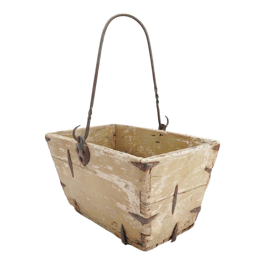 Distressed French Painted Wood Garden Trug, 1880-1910: Handmade wood garden trug joined by dove tails and hand forged iron nails with peened iron reinforcements. The handle is hand forged iron with a rope twist element and hook for the iron keeper peened
