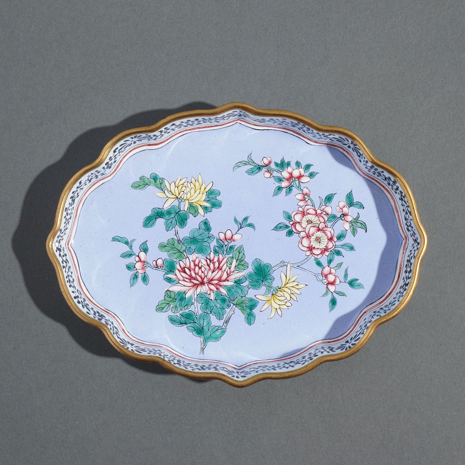 Chinese Enameled Pin Tray Decorated With Mums & Cherry Blossoms, 1950's - 2
