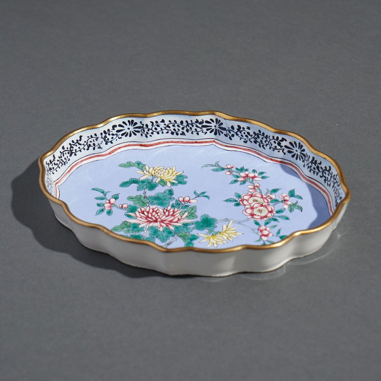 Chinese Enameled Pin Tray Decorated With Mums & Cherry Blossoms, 1950's - 3