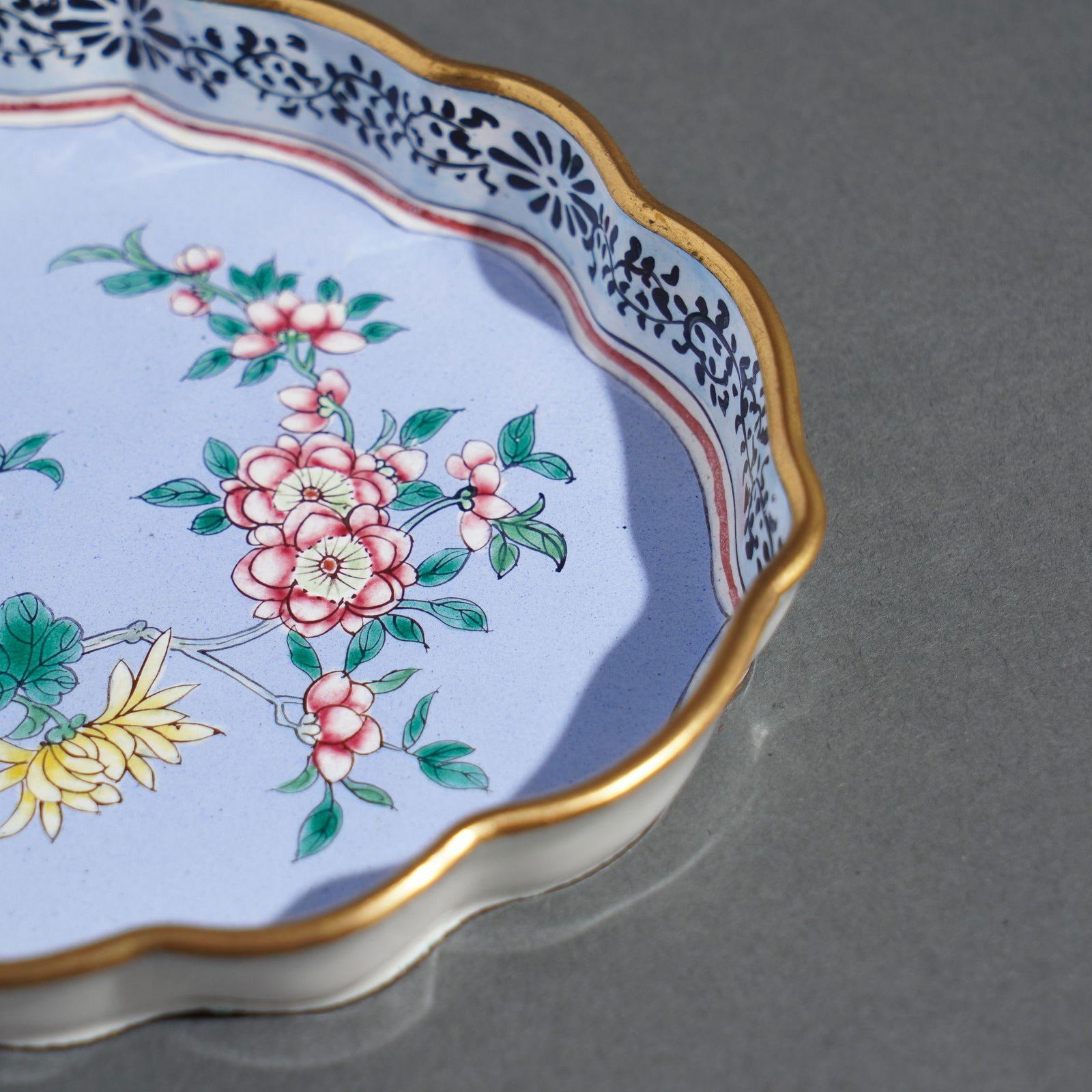Chinese Enameled Pin Tray Decorated With Mums & Cherry Blossoms, 1950's - 5