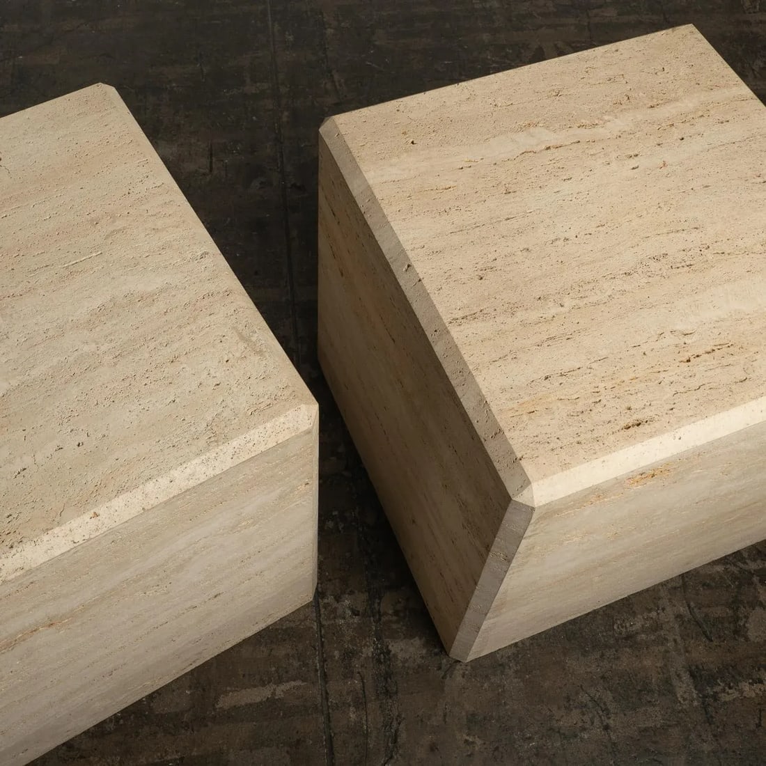 1980s Travertine Marble Stone Monumental X-Large Cube Side End Tables - a Pair - 10