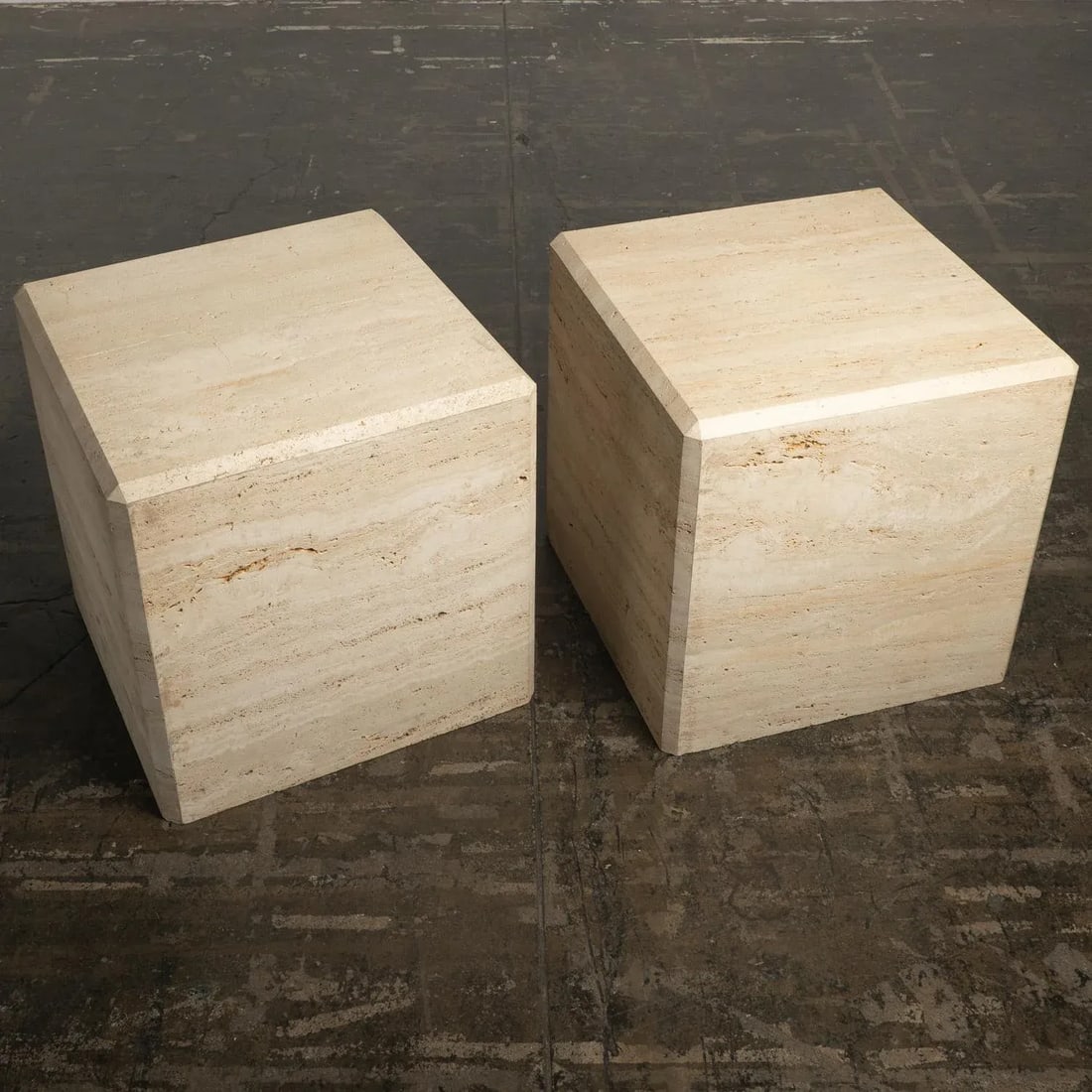1980s Travertine Marble Stone Monumental X-Large Cube Side End Tables - a Pair - 11