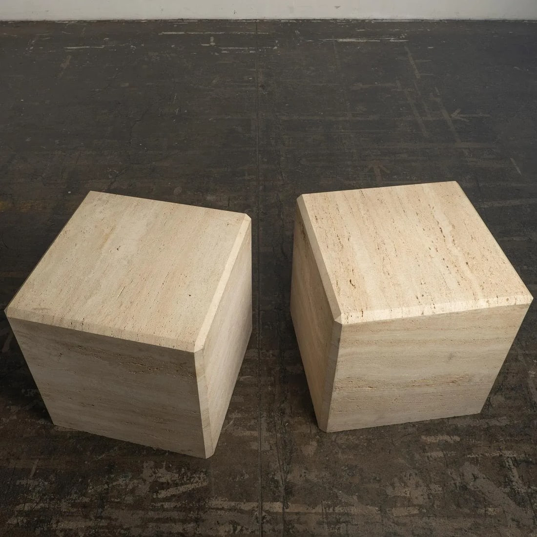 1980s Travertine Marble Stone Monumental X-Large Cube Side End Tables - a Pair - 6
