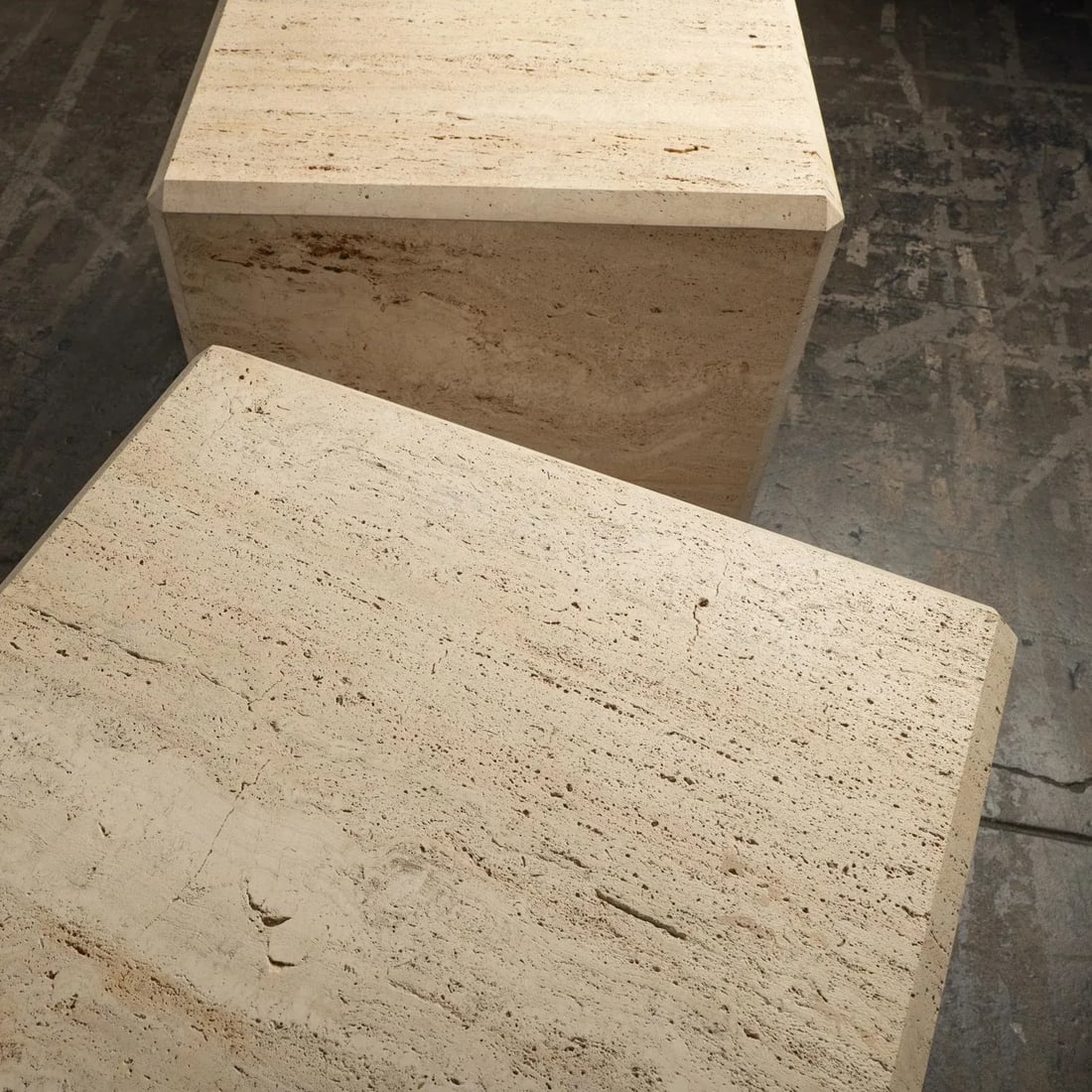 1980s Travertine Marble Stone Monumental X-Large Cube Side End Tables - a Pair - 7