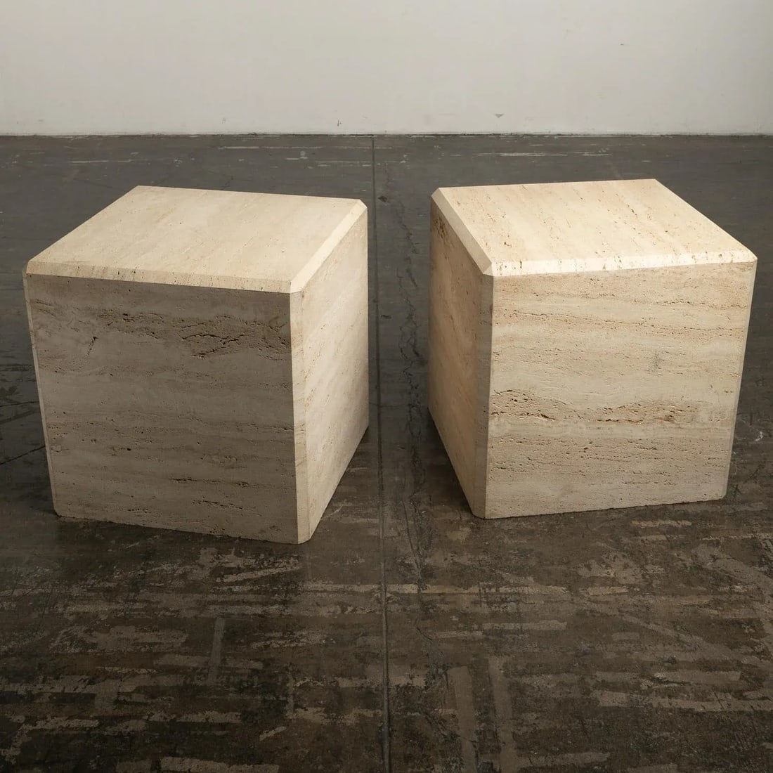 1980s Travertine Marble Stone Monumental X-Large Cube Side End Tables - a Pair - 8