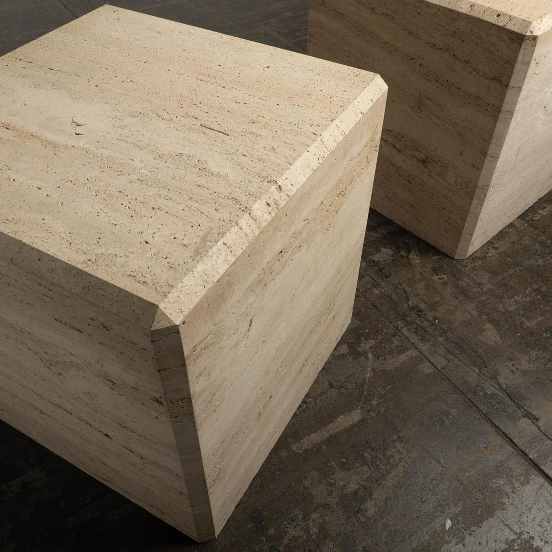 1980s Travertine Marble Stone Monumental X-Large Cube Side End Tables - a Pair - 9