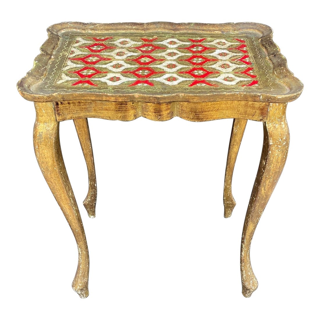Vintage Italian Florentine Gold Gilt Wooden Side Table: Vintage Florentine wooden side table in gold gilt and red and white paint. In good condition for its age. Could probably use a good cleaning along the inside edges. Stamped "Made In Italy" on the