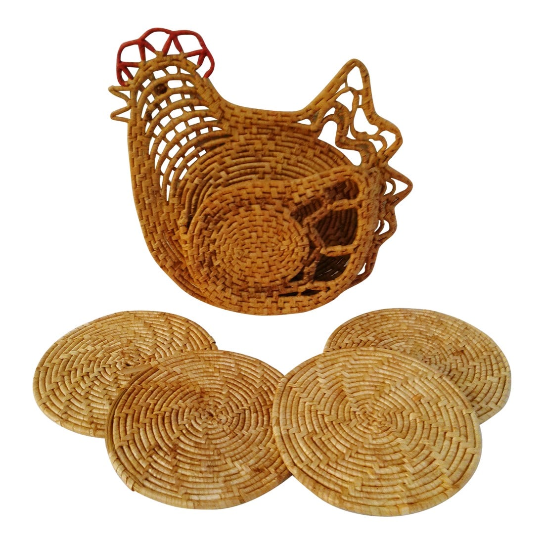 1970s Woven Rattan Hen Caddy W/Trivets: Charming vintage woven rattan figural hen featuring a pocket beneath wing that holds four trivets/hot pads. Easily can be wall mounted. Decorative and functional. Dimensions: caddy, 11.25"L x 12"H x