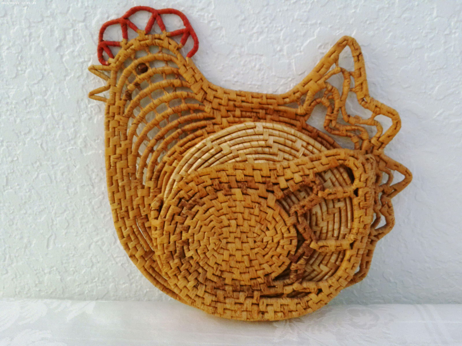 1970s Woven Rattan Hen Caddy W/Trivets - 2