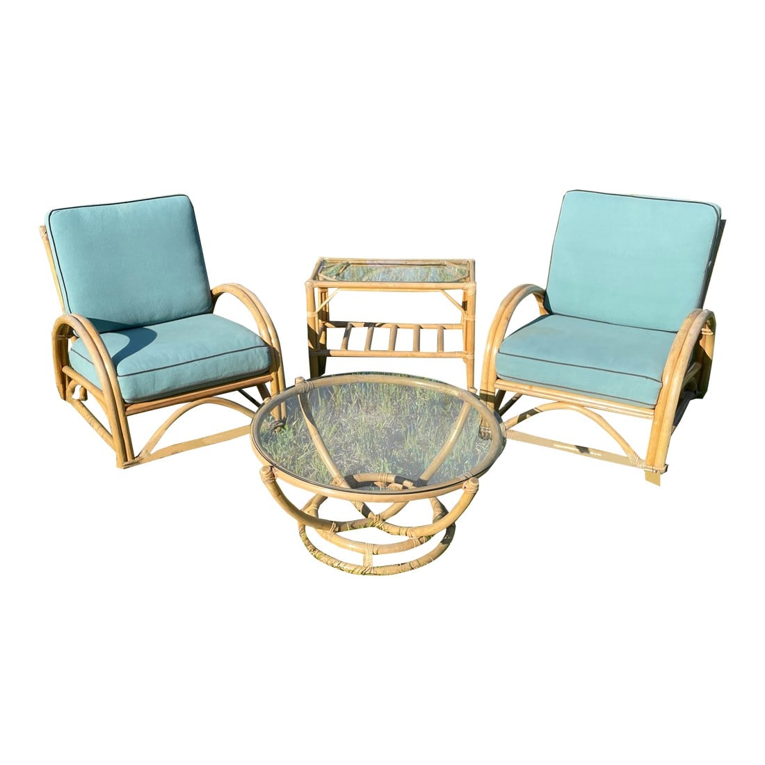 1980s Bamboo and Rattan Outdoor Patio Furniture Set- 4 Pieces: This fantastic and comfortable outdoor set is made from bamboo, rattan with glass top tables. The set includes two very comfortable chairs with cushions that are not new, but they are clean and show