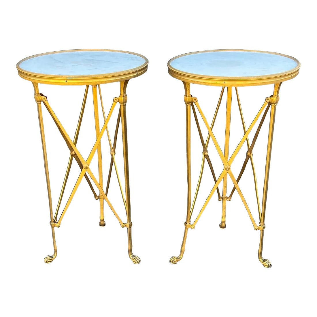 A Pair of French Late 19th Century Neo-Classical Gold Dore Ormolu and White Carrara Marble Gué: High quality Pair of French late 19th century Neo-Classical Gold dore Ormolu and white Carrara marble Guéridon tables. Each Guéridon is raised by rectangular tapered supports ending with paw