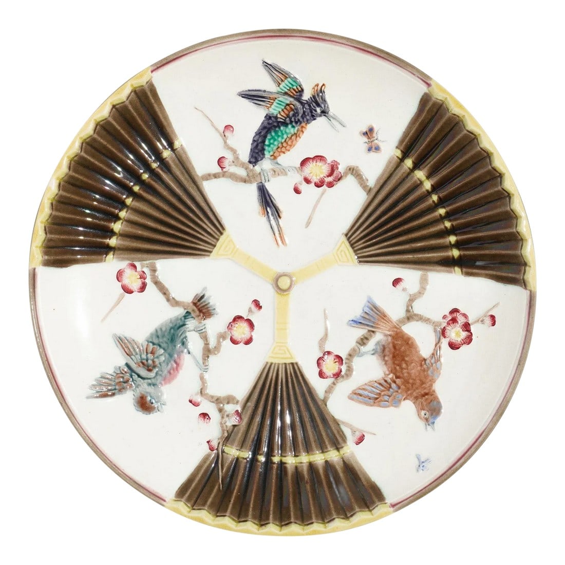 Polychrome Glazed Argenta Majolica Plate by Wedgwood, C. 1884: Polychrome glazed Wedgwood Argenta pattern majolica plate in the Japanesque taste. The Argenta pattern was the last important type of majolica designed by Wedgwood,. The design is divided into three