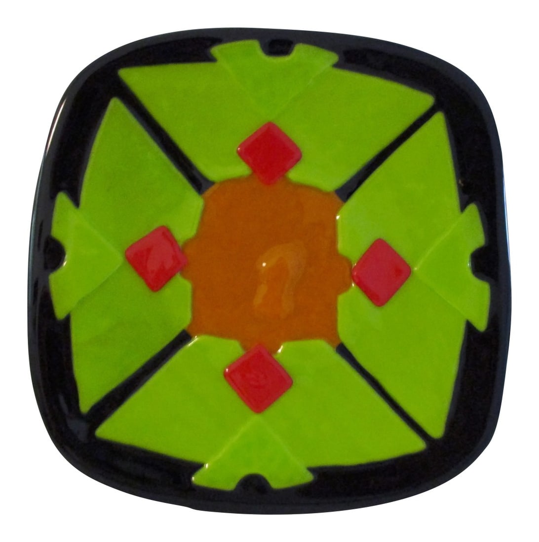 Mid-Century Fused Art Glass Dish: Cool mid-century decorative fused art glass dish in vibrant shades of black, lime green, orange and red. No marks. For display and use as catchall. Excellent condition. Condition: Alterations: