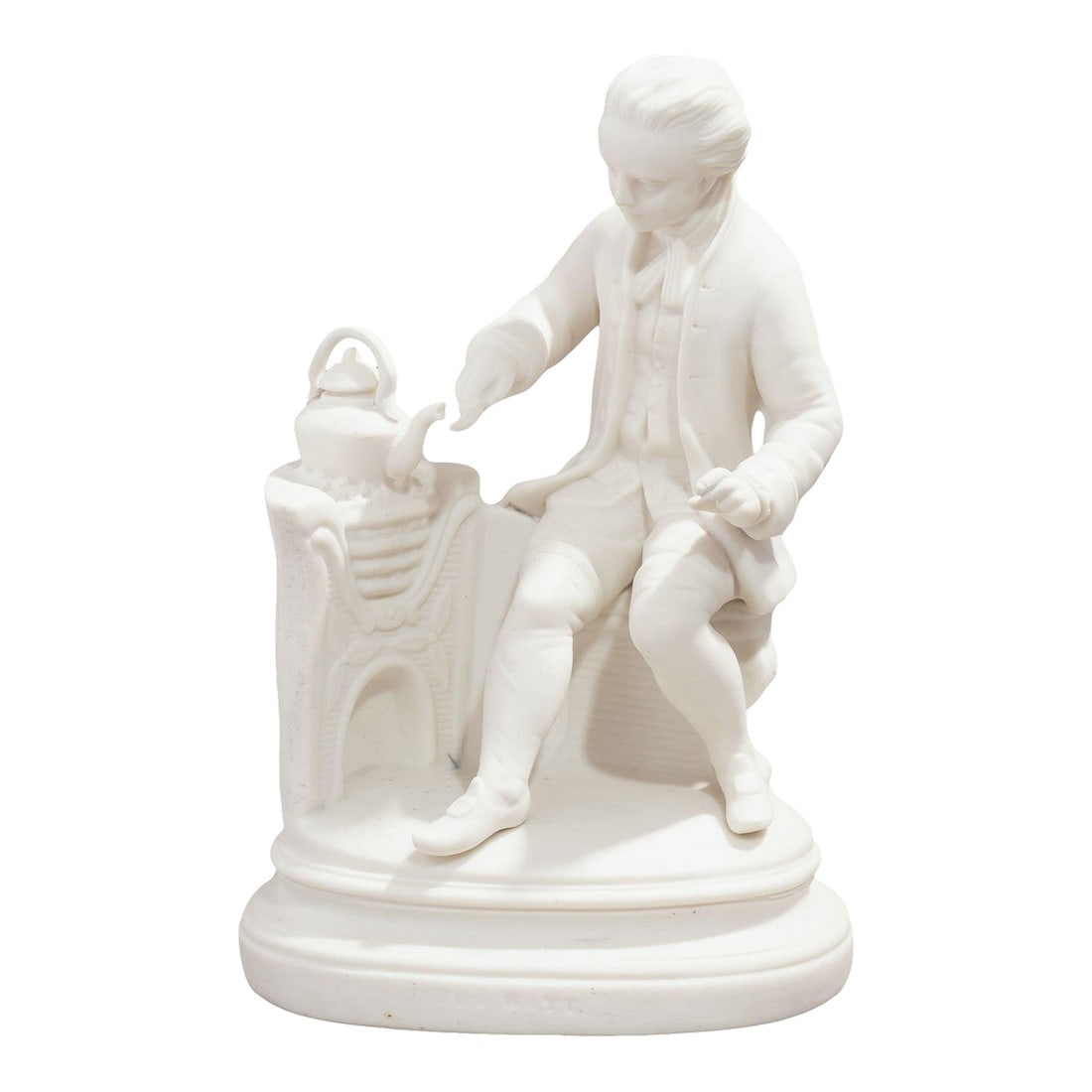 Parian Figurine of James Watt by Copeland & Garrett, C. 1840: A rare and highly detailed Copeland & Garrett parian figurine of James Watt in 18th century dress and seated before a tea kettle. Identified on the plinth as James Watt. England, circa 1840. 