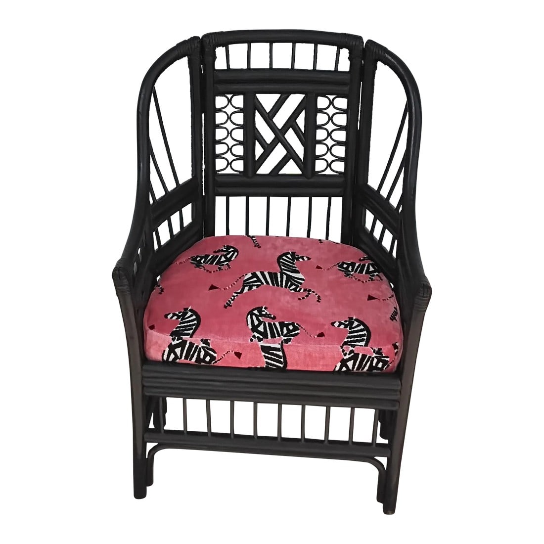 1960s Hollywood Regency Side Chair: Timelessness of the Brighton in a up dated finish and fabric. The high gloss black finish add character, with adorable zebra velvet fabric. Love the size, will fit almost anywhere. If you noticed on