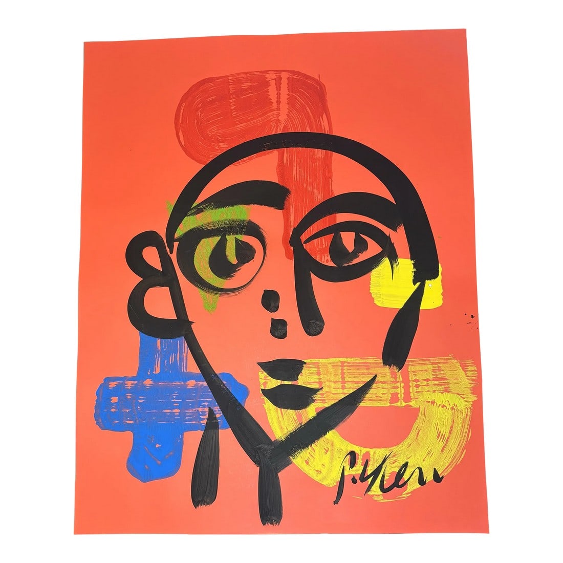 Late 20th Century Original Peter Keil Abstract Portrait Geometric Acrylic Painting on Red Paper: Abstract Portrait Acrylic Painting on Red Poster 28"H x 22"W Peter Robert Keil, a German artist born in 1942, has led a life immersed in creativity and expression. Known for his vibrant and emotive