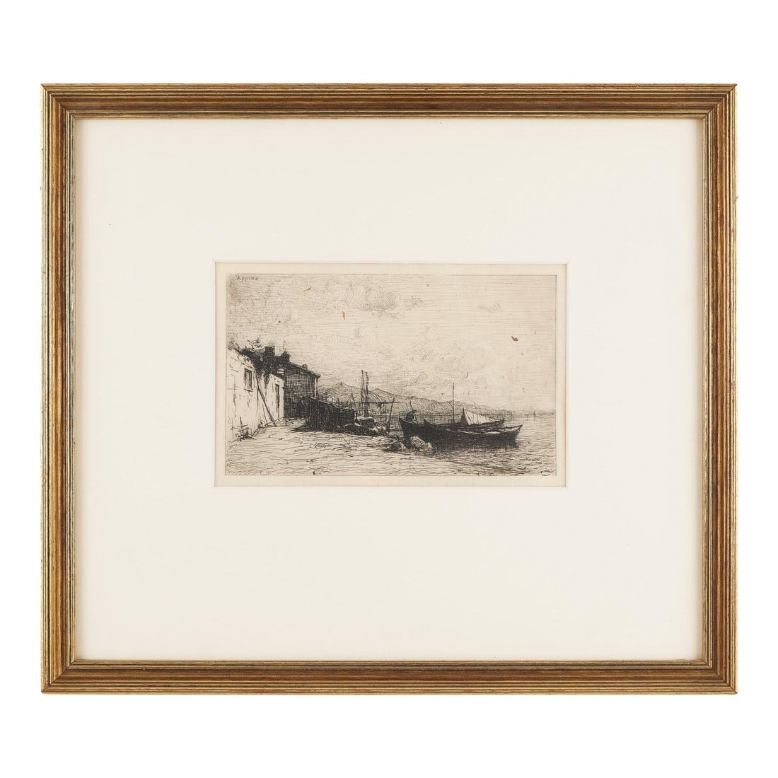 Cabanes De Pecheurs Sur Les Cotes d'Italie by Adolphe Appian, C. 1885: Etching printed on paper of boats moored at a quay, titled "Cabanes de pecheurs sur les cotes d'Italie" or "Fisherman's huts on the coast of Italy". Appian was born 1818 in the South of France,