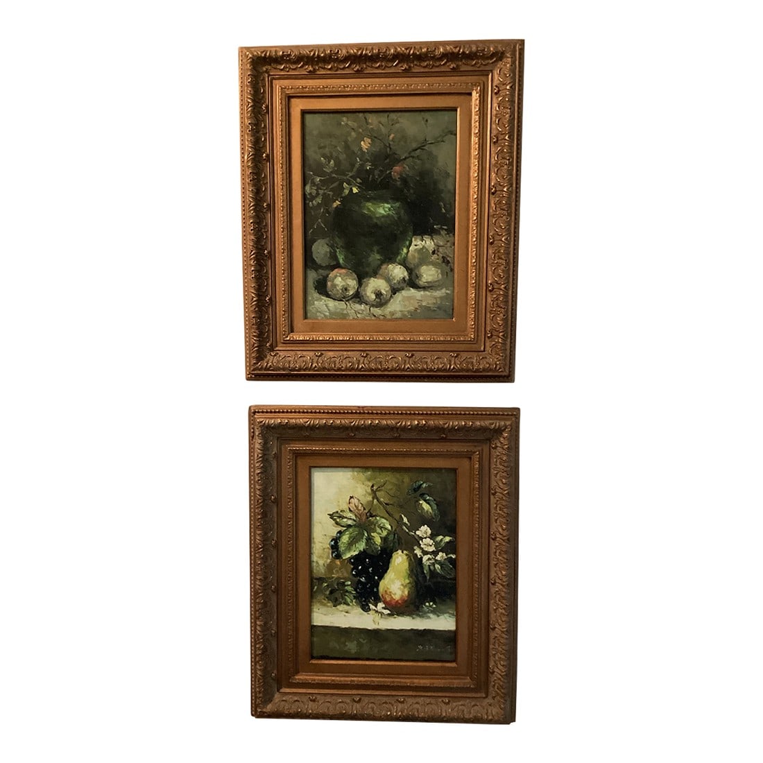 1980s Vintage Still Life Fruit Prints on Canvas With Flowers Gold Frame Signed - a Pair: Still Life prints. Set of two Ornate goldtone carved frames One is signed Frame made in Mexico Print on canvas France measures 21" x 25" Artwork measures 11" x 15" Vintage pictures Condition: