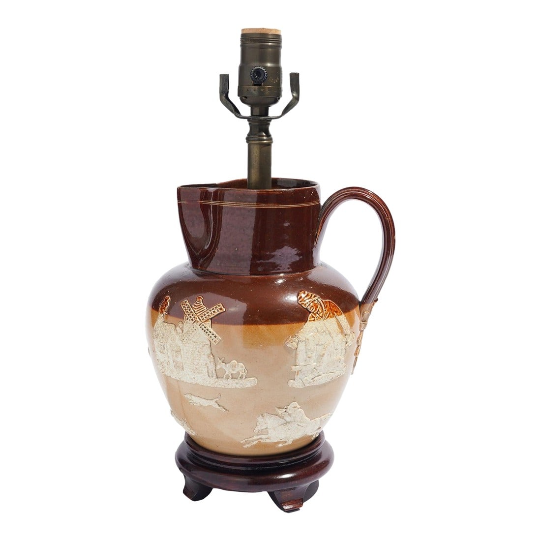 Doulton Glazed Stoneware Pitcher Mounted as a Lamp, C. 1900's: Doulton glazed stoneware pitcher, mounted as a lamp on a wood base. England, circa 1900. Dimensions: 8" L x 7" W x 15" H (to top of socket) Condition: Alterations: Original Design Modified