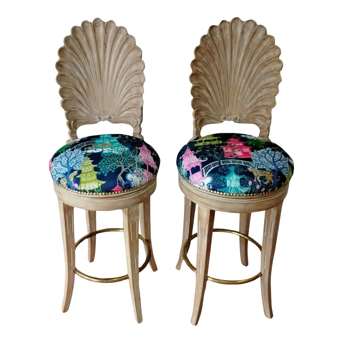 1970s Hollywood Regency Grotto Style Counter Stools - Set of 2: These bar stools have the most timeless charm. The scalloped shell curved back adds style and comfort. The finish is original washed with white over light wood. The foot rung is polished brass. I