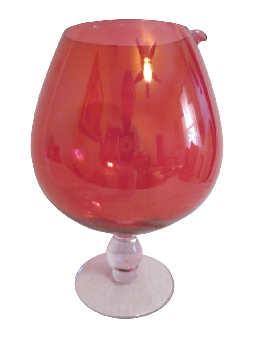 MCM Red Glass Cocktail Bowl: Red Glass Cocktail Bowl. Vibrant midcentury red glass cocktail bowl with clear glass base. Condition: Alterations: Original Condition Unaltered Imperfections: Some Imperfections Condition Notes: