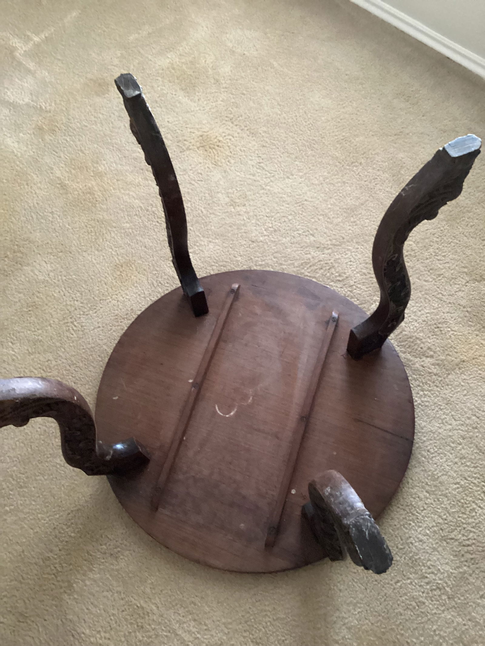 1960s Vintage Anglo-Indian Hand Crafted Hardwood Round Side Table Carved Legs & Top - 10