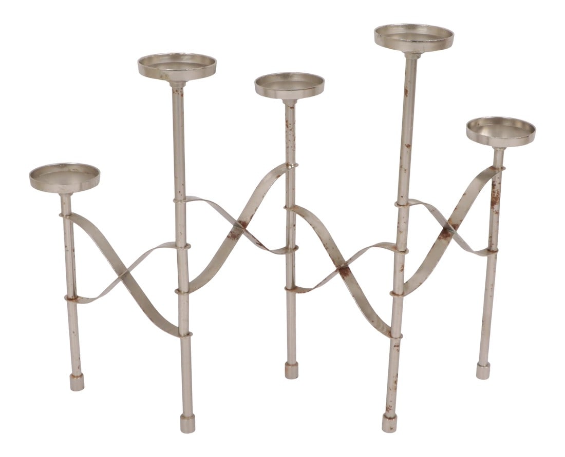 Vintage 1960s Mid-Century Modern Silver Steel 5 Piece Rotating Candle Holder: Vintage 60s Mid-Century Modern 5 Piece Rotating Candle Holder 5 piece candle holder Has patina and rust on the metal. Some dried wax is on the sides/posts. Can be rotated and adjusted in multiple