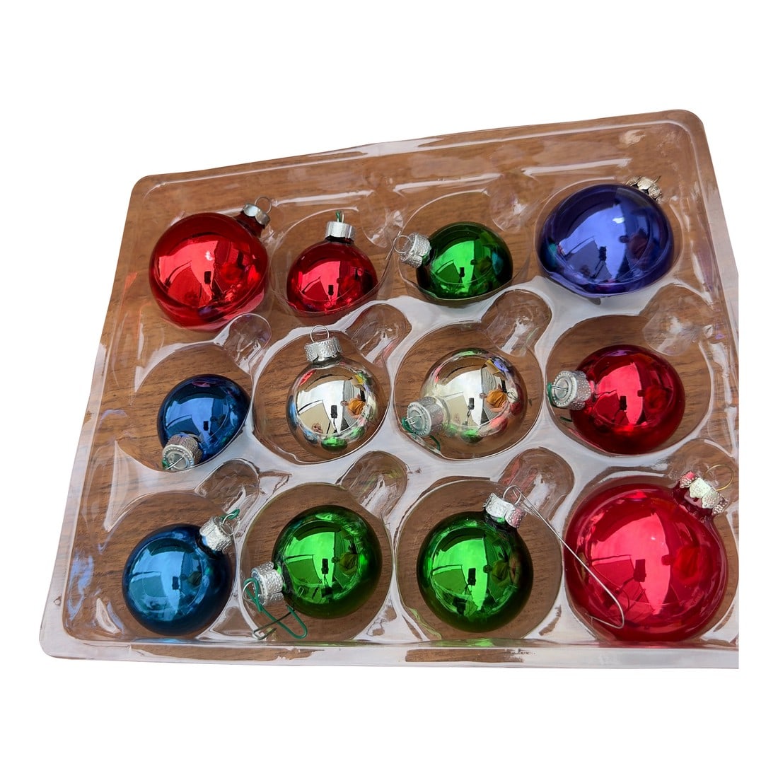 1970s Mercury Glass Christmas Ornaments- 12 Ornaments: Collection of twelve mercury glass ornaments that are 1 1/2" - 2 1/2" in diameter. All are in great shape. Colors included are: red, blue, green, purple, and silver. Will be double boxed to ensure