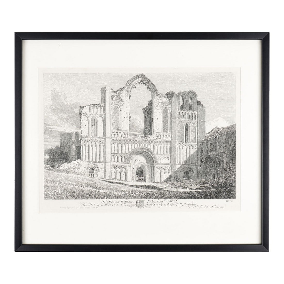 West Front of Castle Acre Priory by John Sell Cotman, 1813: Engraving on laid paper from a series of English Norman churches by John Sell Cotman. The inscription on plate, bottom centre of margin reads: "To Thomas William Coke Esqr MP / This Plate of the