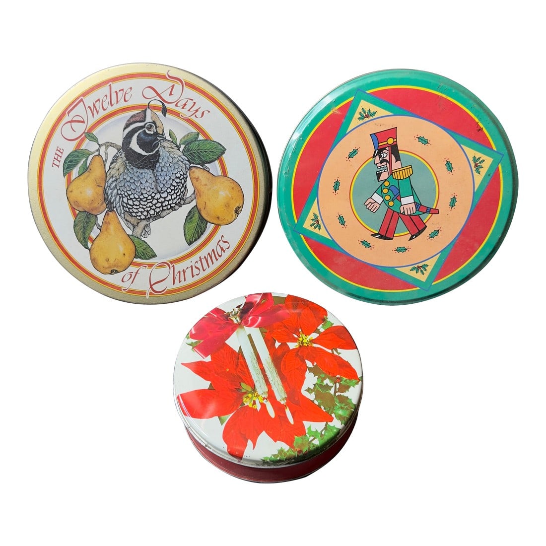 1990s Mismatched Christmas Tins- Set of 3: Lot of three various Christmas tins with their lids. The largest is still in its original cellophane, so it's new. Condition: Alterations: Original Condition Unaltered Imperfections: Some