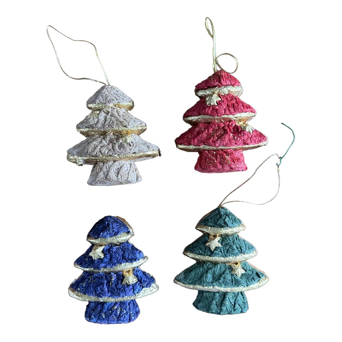 1980s Paper Mache Christmas Tree Ornaments-Set of 4: Lot of 4 paper mache Christmas ornaments in varying colors. All four ornaments are in good condition. Condition: Alterations: Original Condition Unaltered Imperfections: Some Imperfections Condition N