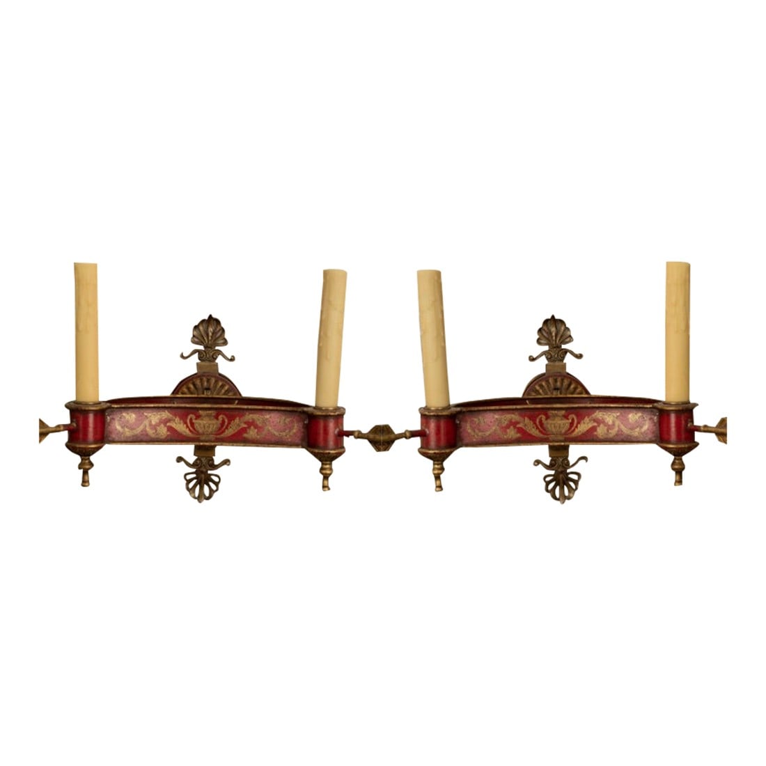 Pair of French Empire Style or Neoclassical Style Bronze and Tole Sconces: Large pair of French Empire style or Neoclassical style red and gold decorated bronze and tole two-light sconces. This great pair of French tole two-light sconces have been newly wired for U.S.